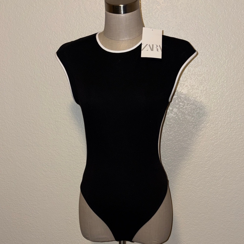 Zara Black Bodysuit with White Piping